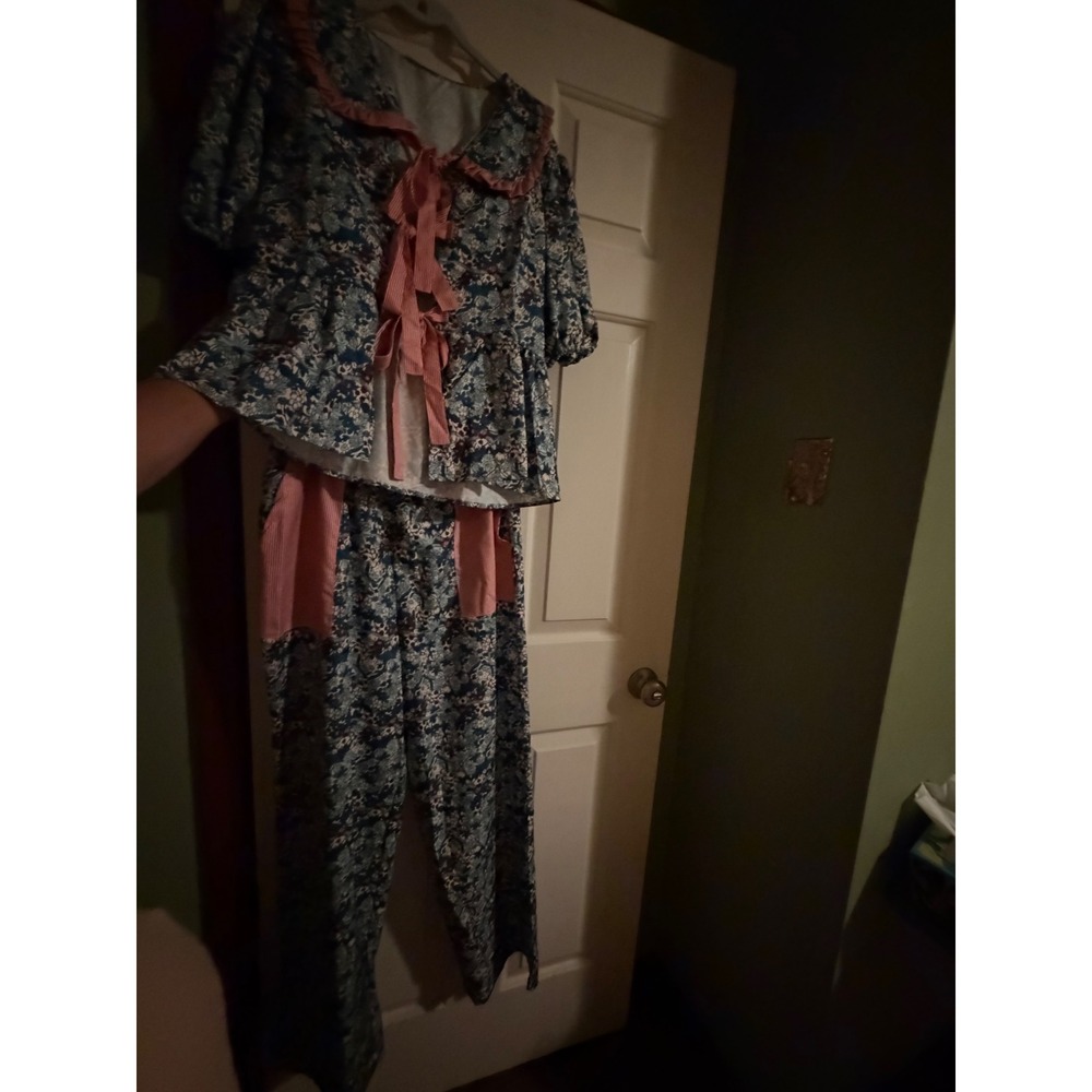 Sunday Up Womens Floral Set Blue floral w Stripe Ruffle Peter Pan Collar Large - Picture 9 of 12